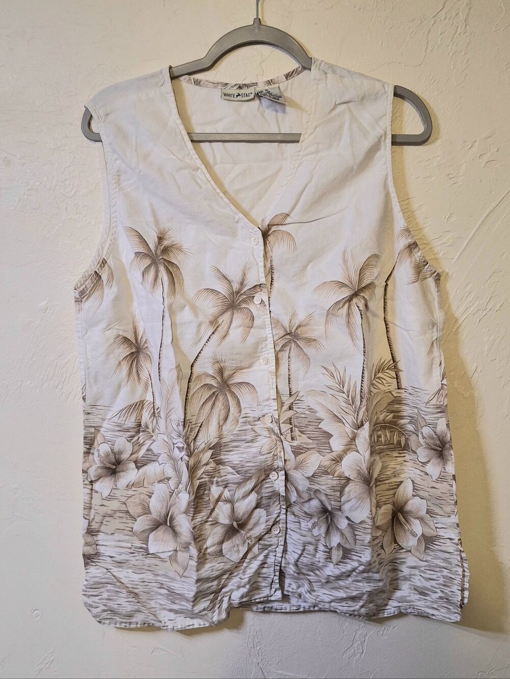 Vtg White Stag Rayon Cotton Sleeveless V-neck Button Up Tropical Women's XL Top
